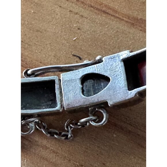 Silver Bangle Bracelet Red Green Stone Inlays & Safety Chain - Picture 6 of 10